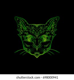 Cat head portrait.  Ideal Halloween background, tattoo art, Egyptian, spirituality, boho design. Perfect for print, posters, t-shirts and textiles. Vector illustration. Totem animal.