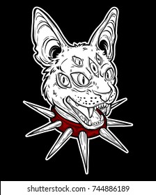 Cat head portrait in red choker.Cat is for Halloween, tattoo, weird, spirituality, mystic, psychedelic art for print, posters, t-shirts and textiles. Vector illustration.
