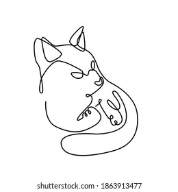 Cat with its head raised lies on its side in a relaxed position. One line cat design. Silhouette on white background. Hand drawn. Logo. Minimalism style vector illustration
