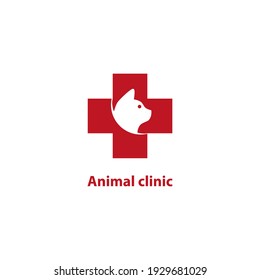 cat head and red cross vector illustration for animal health clinic icons, symbols and logos. pet clinic logo