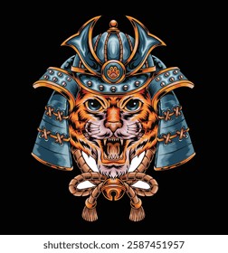 Cat head samurai vector illustration with detailed color