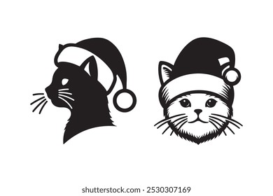 Cat head with Santa's hat vector silhouette set