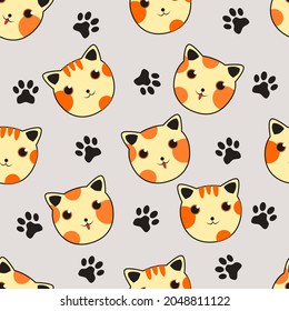 Cat head seamless pattern, cute cat, vector illustration.