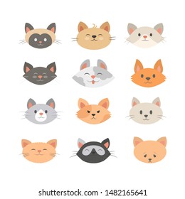 Cat head set. Collection of cute and funny animal. Kitten smile, angry kitty and sad pet. Isolated vector illustration in flat style