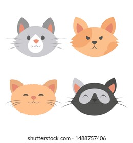 Cat head set. Collection of cute and funny animal. Kitten smile, angry kitty, adorable pet. Isolated vector illustration in flat style