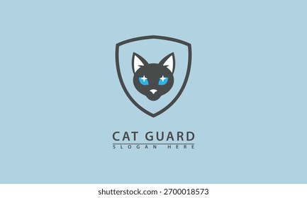 Cat head in a shield logo. Symbolizes protection, security, safety, or a guardian mascot. Strong and bold design.