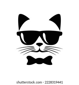cat head silhouette logo design template. cat with glasses and ribbon icon, sign and symbol.