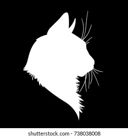 Cat head silhouette. Vector illustration in monochrome style on black background. Element for your design. White shape  of pet muzzle. Fluffy fur. Stencil. Profile.