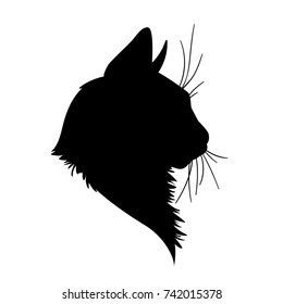 Cat head silhouette. Vector illustration in monochrome style on white background. Element for your design. Black shape  of pet muzzle. Fluffy fur. Stencil. Profile.