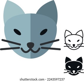 Cat head simple icons. Set of colored and monochrome icons. Animals. Simple flat design. Vector art