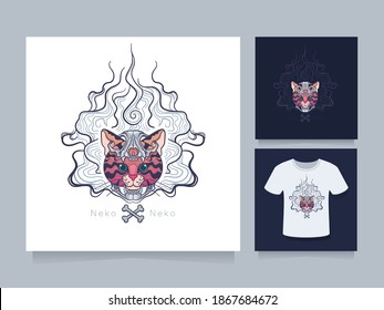 cat head with skull mask artwork illustration for sticker and apparel design