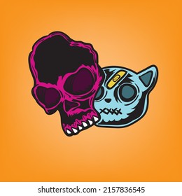 Cat head and skull vector illustration. suitable to print on sticker and tee shirt