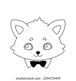 Cat head in a smart collar with a bow tie. Linear, black and white image of a pet. Vector illustration for coloring book, stencil, design, prints.