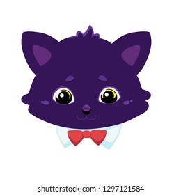 Cat head in a smart collar with a red bow tie. Color image of a pet. Vector illustration for design, print on t-shirt, bag, notebook, card.