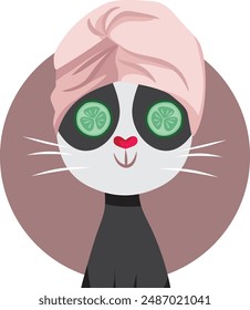 
Cat with Head Towel and Beauty Treatment Funny Character Design. Pet mascot being pampered in a wellness spa 
