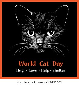 Cat head vector animal illustration for World cat day background text. Sketch tattoo design.