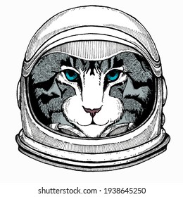 Cat head. Vector animal portrait. Face of kitten. Astronaut animal. Vector portrait. Cosmos and Spaceman. Space illustration about travel to the moon. Funny science hand drawn illustration.