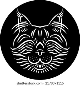 Cat Head Vector Drawing. Cheerful Cat Image. Illustration Of A Cat Drawn With White Strokes On A Black Background. Calligraphic Drawing. Can Be Used For Printing On T-shirts, Posters, Stickers.