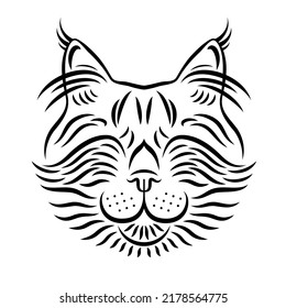 Cat Head Vector Drawing. Cheerful Cat Image. Illustration Of A Cat Drawn With Black Strokes Isolated On White Background. Calligraphic Drawing. Can Be Used For Printing On T-shirts, Posters, Stickers.