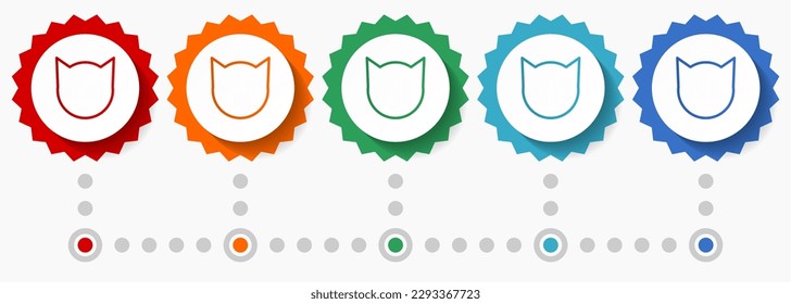 Cat head vector icon set, colorful infographic template, set of flat design badge icons in 5 color options