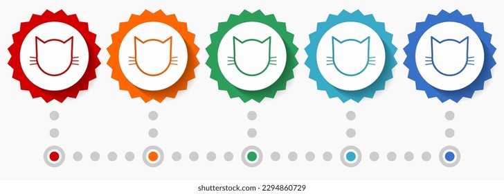 Cat head vector icon set, colorful infographic template, set of flat design badge icons in 5 color options