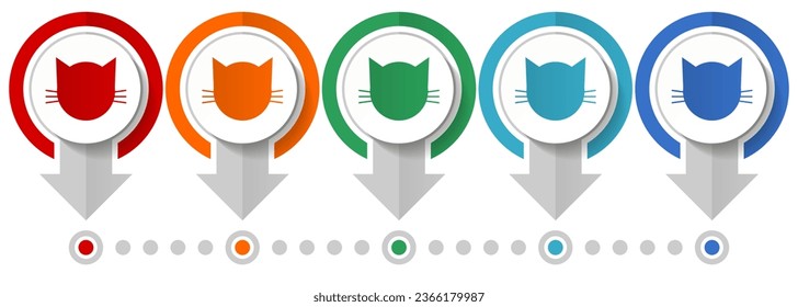 Juego de iconos de vector de cabeza de gato, plantilla de infografía de diseño plano, establecer iconos de concepto de puntero en 5 opciones de color para diseño web y aplicaciones móviles