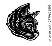 Cat Head Vector Illustration in Black and White, Hand Drawn Animal Tattoo Design