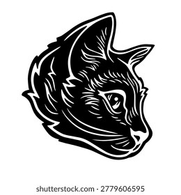 Cat Head Vector Illustration in Black and White, Hand Drawn Animal Tattoo Design