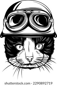 Ilustración del vector de la cabeza de gato en el estilo monocromo vintage aislado en el fondo blanco