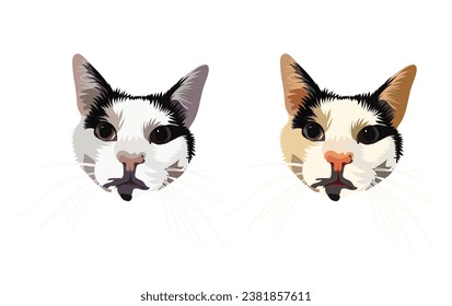 Katze Kopf mit Whiskers, handgezeichnet Illustration. Katze pinkelt aus. Schönes Maskottchen mit Kätzchenzeichnen. Karikatur-Stil. Beliebter Charakter. Schönes, neugieriges Haustier, Nahaufnahme, Nahaufnahme. Große Ohren, typische Katze.