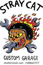 Cat Head With Wrench And Helmet Retro Cartoon Mascot Illustration