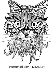 Cat head Zentangle color design,  Vector Hand Drawn sketch for tattoo design or makhenda. 