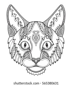 Cat head zentangle, doodle stylized, vector, illustration, freehand pencil, hand drawn, pattern. Zen art. Ornate vector. Black and white illustration on white background. Line art.