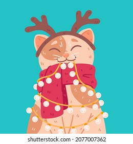 Cat with headband deer horns, warm scarf, light bulbs garland. Merry Christmas and Happy New Year postcard. Cute vector illustration isolated on background. Winter poster with domestic kitty.