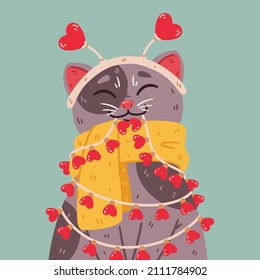 Cat with headband hearts, warm scarf, light bulbs garland. Saint valentine day 14 February greeting card. Cute vector illustration isolated on background. Romantic poster with domestic kitty.