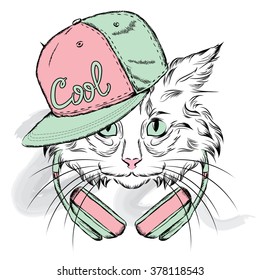Cat in the headphones. Hipster. Vector illustration for greeting card, poster, or print on clothes.