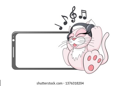 Cat in headphones listening to favorite music pet meloman funny vector clip-art illustration isolated on white. Melody and notes musical theme element. Simple device cute mockup template.