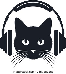 Gato con auriculares escuchando música. Ilustración de gato nerd con auriculares