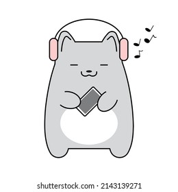 Cat with headphones and smartphone on white background. Vector illustration