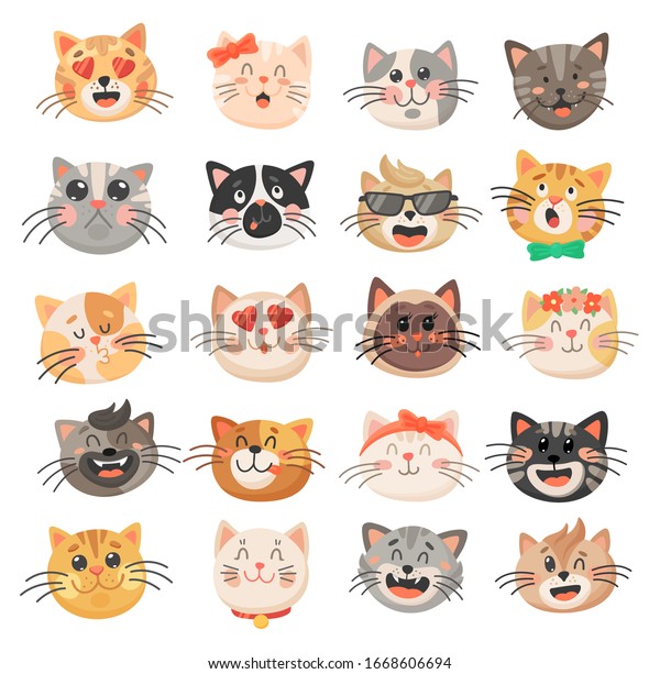可愛い顔をした猫の頭 ベクター猫の顔文字 異なる感情や表情 幸せ 悲しみ 狂乱 少女らしく 愛情のある絵文字を持つ おかしなペットのアニメキャラクター のベクター画像素材 ロイヤリティフリー