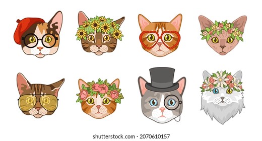 Cat heads. Cute funny cats avatar muzzles with accessories. Portraits with flower crown, hats and glasses. Ladies and gentlemen hipster animals. Fashion trendy print. Vector set