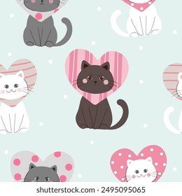 cat heads  in heart shapes   seamless  pattern on pastel blue polka dots  background , vector illustration