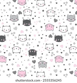 Cat heads with hearts and stars pattern