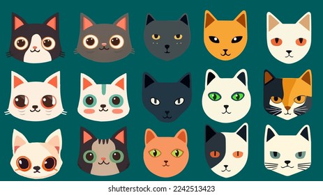 Iconos de cabezas de gato. Conjunto de dibujos animados planos de diferentes razas aislados. Colección de caras de gato, pegatinas, emoticonos, imágenes, signos. Vector 