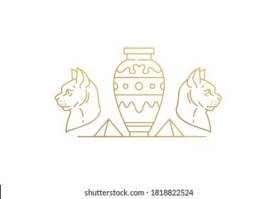 Cat heads near vase and pyramids silhouette linear vector illustration. Bastet goddess with ornamental vase and pyramids as symbol of Egyptian culture. Good for logo emblem or poster decoration.