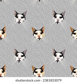 Cat heads seamless pattern.Hand-drawn cat on a repeatable grey background with snow. Cute abstract texture with happy kitten illustration. Cartoon style. Popular character. Cheeky view, with whiskers.