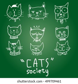 Cat heads set in hand draw , vector illustration