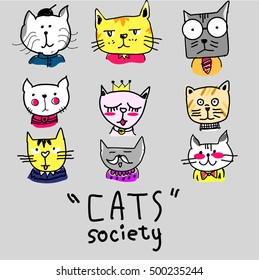 Cat heads set in hand draw , vector illustration