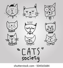 Cat heads set in hand draw , vector illustration