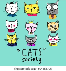 Cat heads set in hand draw , vector illustration